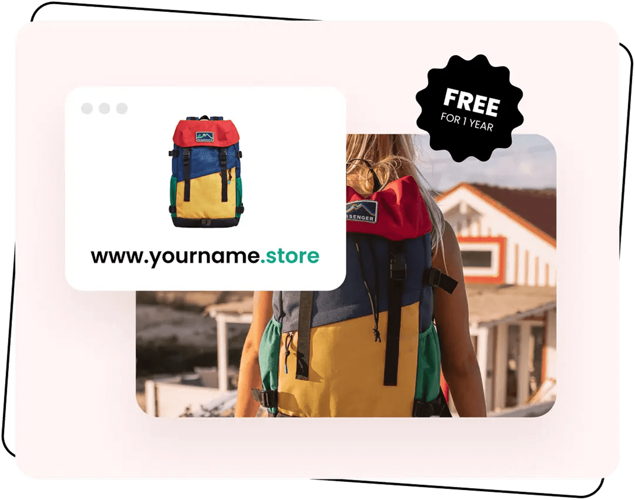 A browser showing www.yourname.store with a free for one year badge